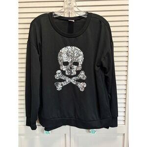 NOBO Black Skull Sequin Sweatshirt Size Large Long Sleeve Band Hem Casual